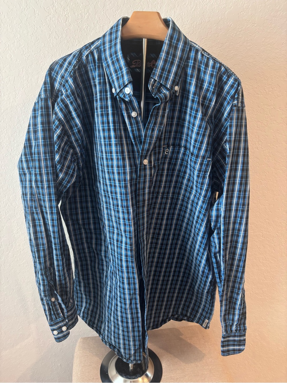 Rafter C Blue Plaid Western Button Down Shirt Mens L Long Sleeve Cowboy Cotton